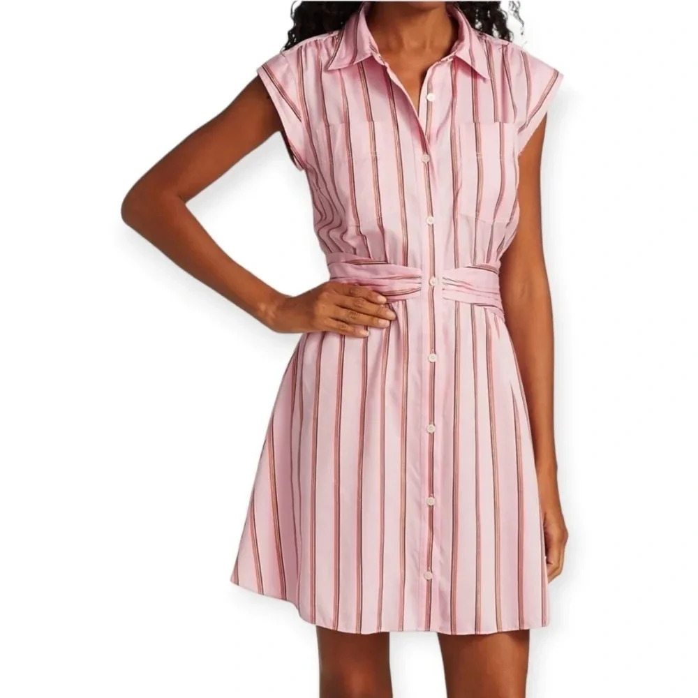 Derek Lam 10 Crosby Pink Striped Fit and Flare Shirt Dress Gathered Waist Pink 6
